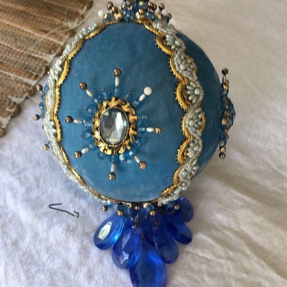 X Large Vintage velvet push pin ornament handmade blue pearl